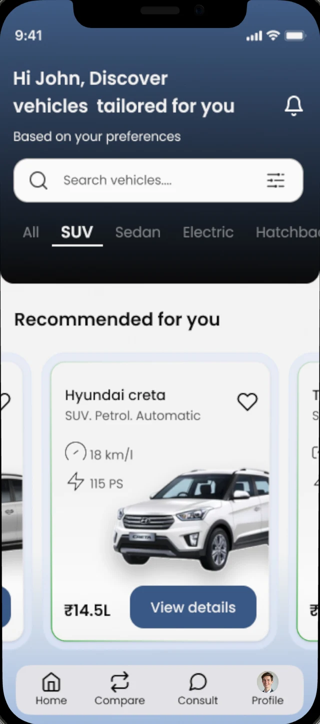 ARSA mobile app showing vehicle search and personalised car recommendations